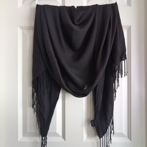 Black extra wide rayon lightweight wrap scarf with tassel fringe